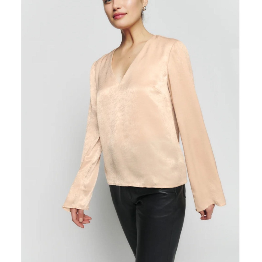 Reformation V-Neck Long Sleeve Blouse Women XS Champagne Satin Shimmer Top